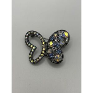 Lia Sophia Butterfly Heart Brooch Pin Gunmetal Aurora Borealis Rhinestone